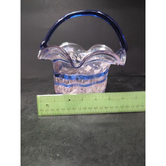 Hand Blown Art Glass Basket w/ Cobalt Blue Spiral White Opalescent Splatter Wavy - Picture 9 of 10